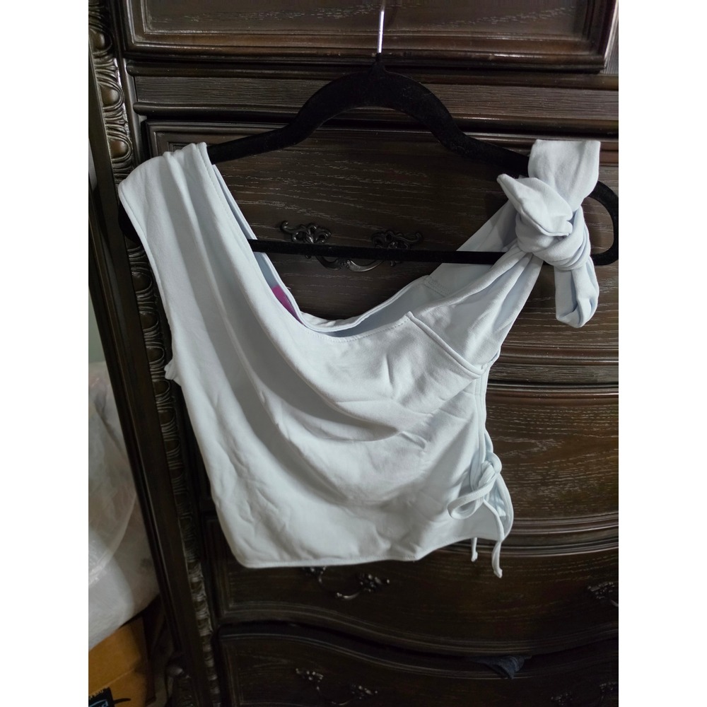 Edikted Light Blue One Shoulder Tie Ribbed Crop Top S23628-LT-BLUE Womens‎ Small